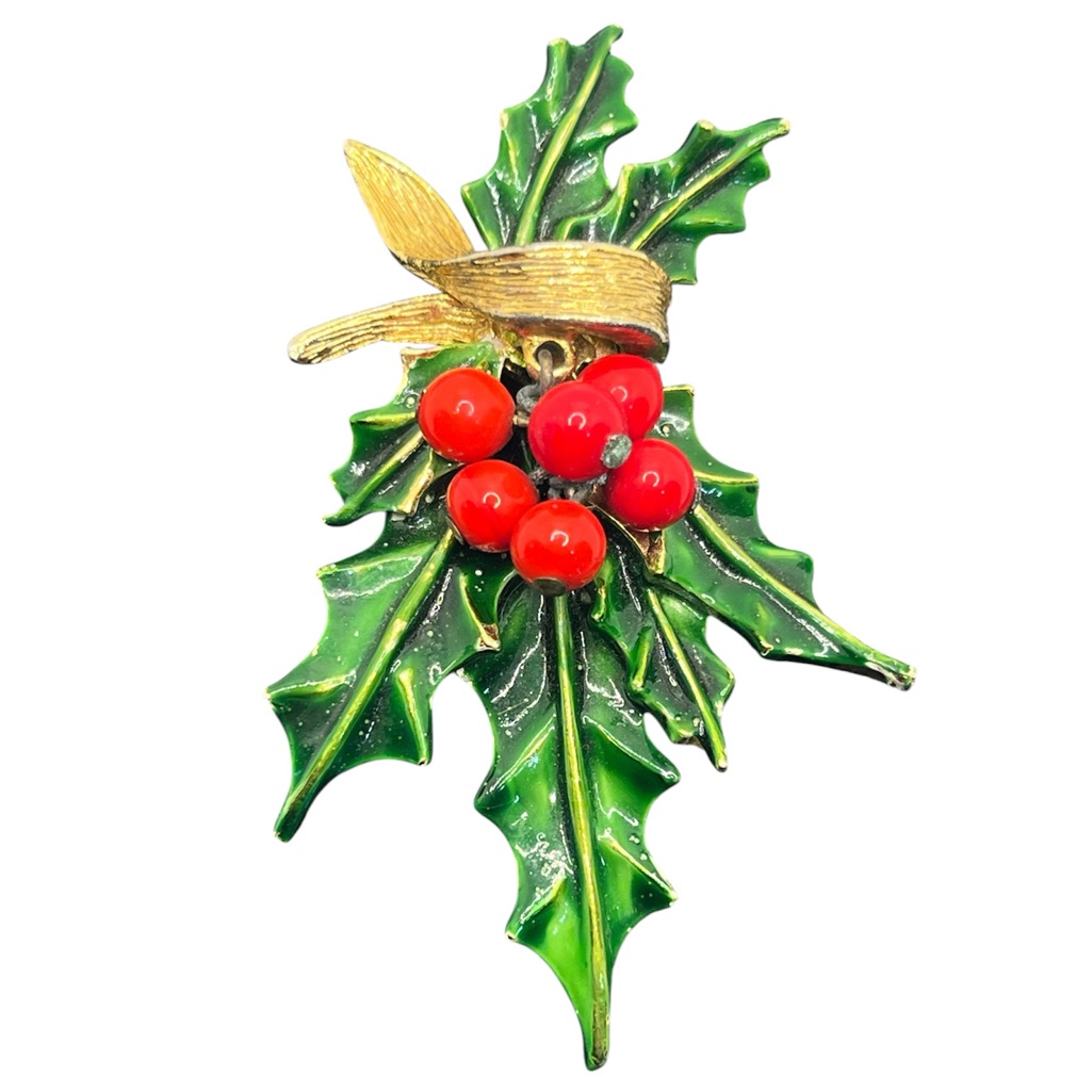 Art Christmas Holiday Holly Berry Leaves Miseltow Enamel Gold Tone Brooch Pin 59$